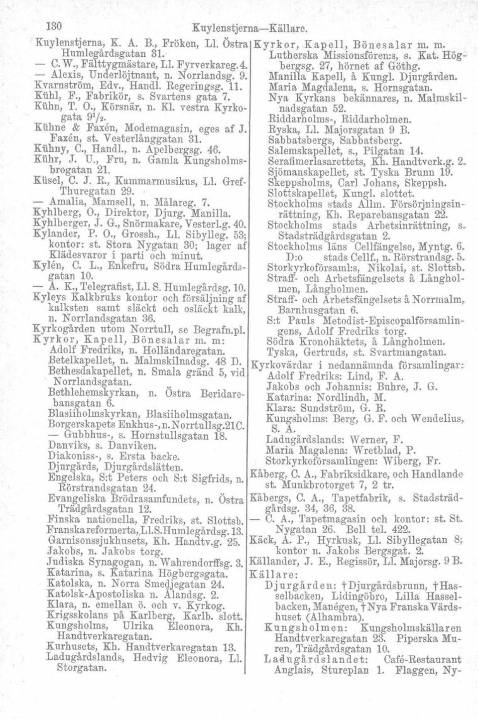 . Kiihl, F., Fabrikör, s. Svartens gata 7. Nya Kyrkans bekännares, n. Malrnskil- Kiihn, T. O., Körsnär. n. Kl. vestra Kyrko- nadsgatan 52. gata 9 ' /2. Riddarholms-, Riddarholmen.