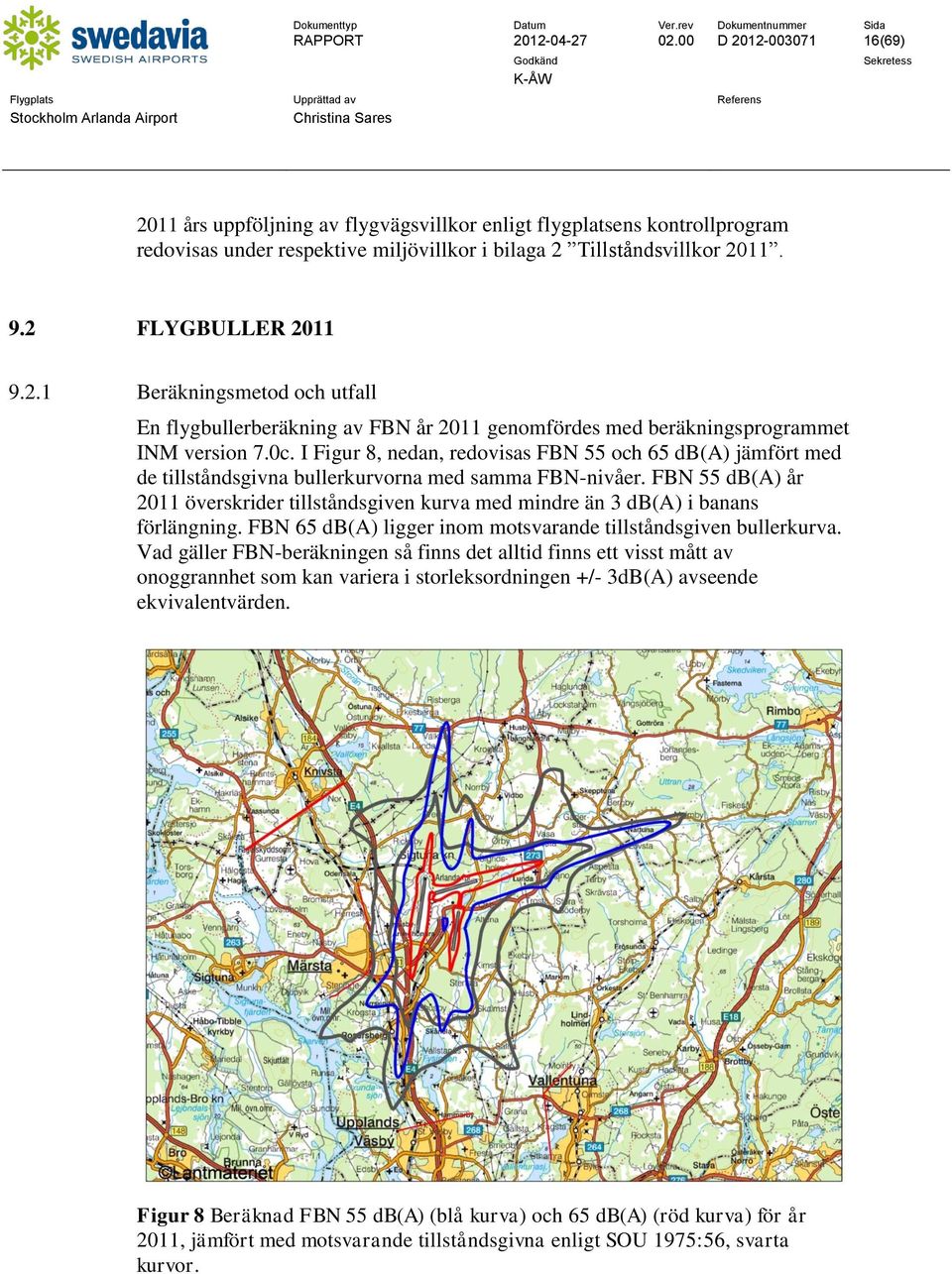 I Figur 8, nedan, redovisas FBN 55 och 65 db(a) jämfört med de tillståndsgivna bullerkurvorna med samma FBN-nivåer.