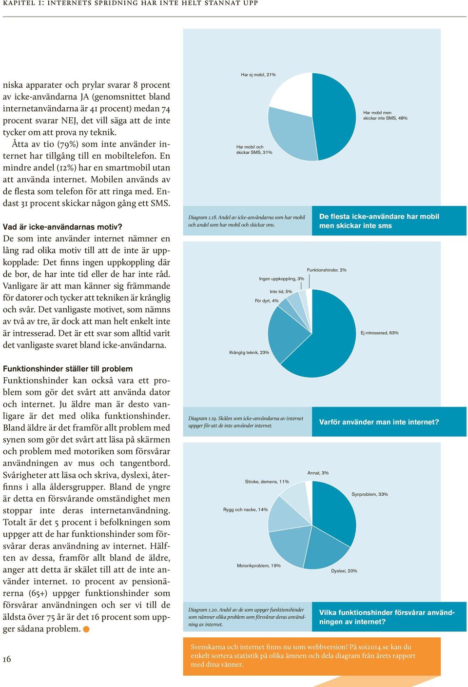 En mindre andel (12%) har en smartmobil utan att använda internet. Mobilen används av de flesta som telefon för att ringa med. Endast 31 procent skickar någon gång ett SMS.