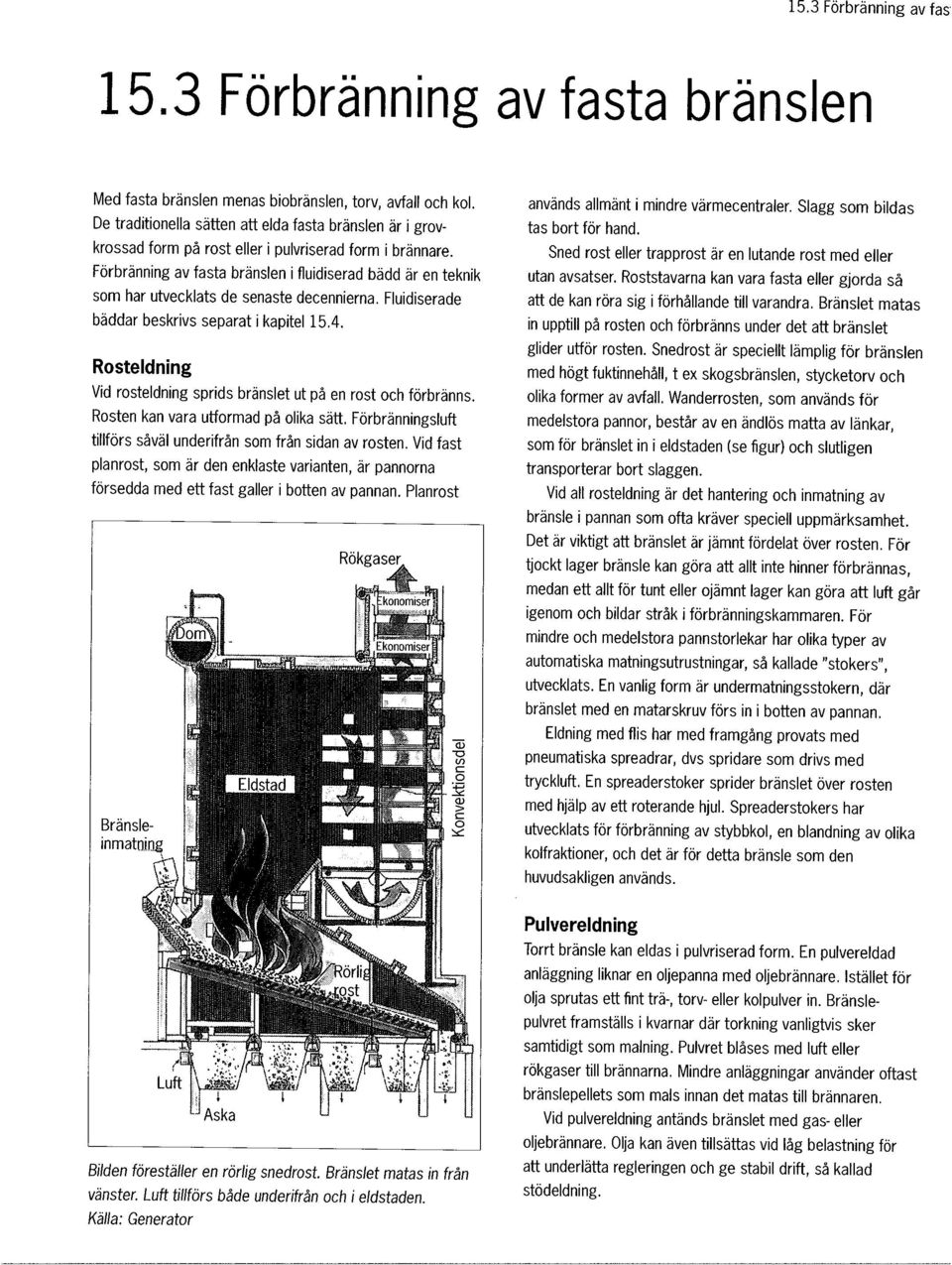 Förbränning av fasta bränslen i fluidiserad bädd är en teknik som har utvecklats de senaste decennierna. Fluidiserade bäddar beskrivs separat i kapitel 15.4.