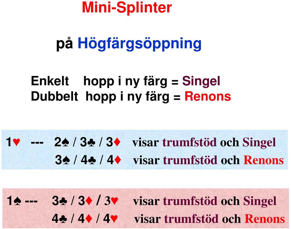 och Singel 3 / 4 / 4 visar trumfstöd och Renons 1 --- 3 / 3 / 3