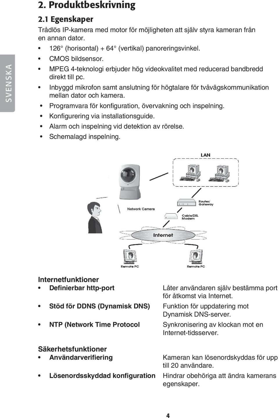 Programvara för konfiguration, övervakning och inspelning. Konfigurering via installationsguide. Alarm och inspelning vid detektion av rörelse. Schemalagd inspelning.