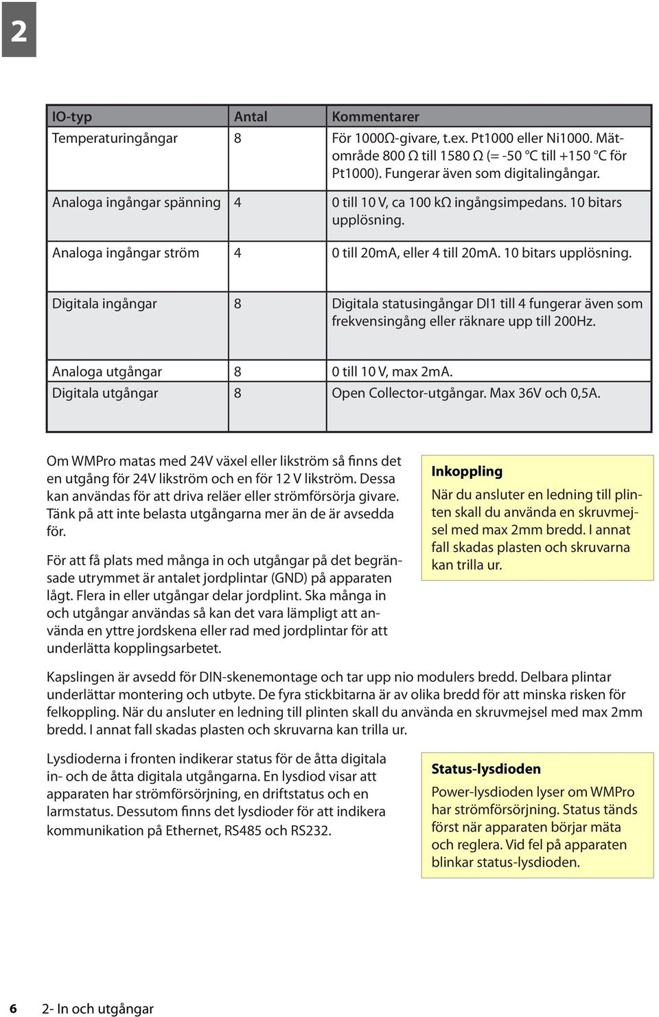 Analoga ingångar ström 4 0 till 20mA, eller 4 till 20mA. 10 bitars upplösning. Digitala ingångar 8 Digitala statusingångar DI1 till 4 fungerar även som frekvensingång eller räknare upp till 200Hz.