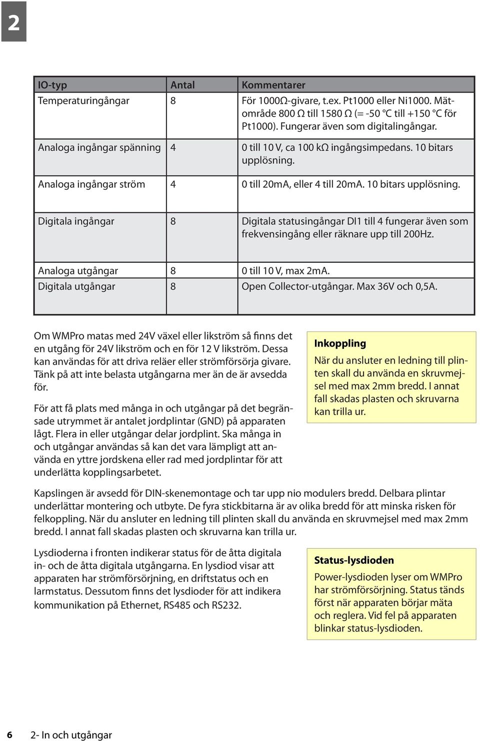 Analoga ingångar ström 4 0 till 20mA, eller 4 till 20mA. 10 bitars upplösning. Digitala ingångar 8 Digitala statusingångar DI1 till 4 fungerar även som frekvensingång eller räknare upp till 200Hz.