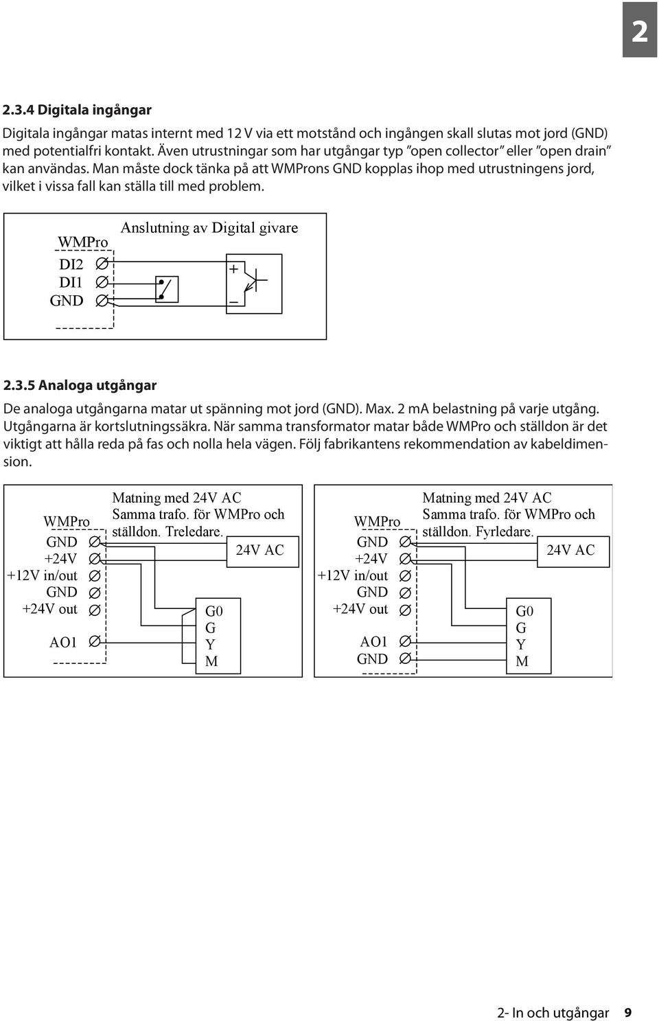 Man måste dock tänka på att WMProns GND kopplas ihop med utrustningens jord, vilket i vissa fall kan ställa till med problem. WMPro DI2 DI1 GND Anslutning av Digital givare 2.3.