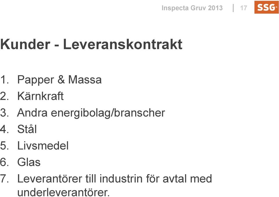 Andra energibolag/branscher 4. Stål 5. Livsmedel 6.