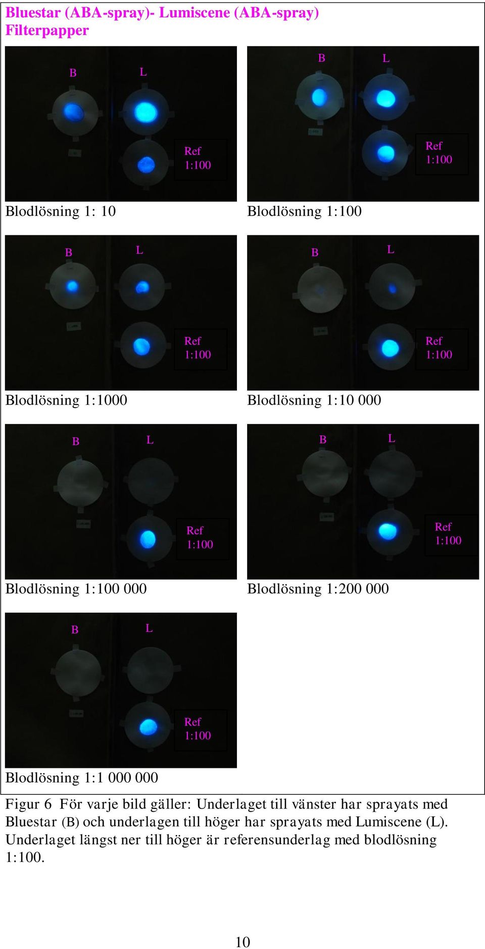 000 B L Ref 1:100 Blodlösning 1:1 000 000 Figur 6 För varje bild gäller: Underlaget till vänster har sprayats med Bluestar (B)