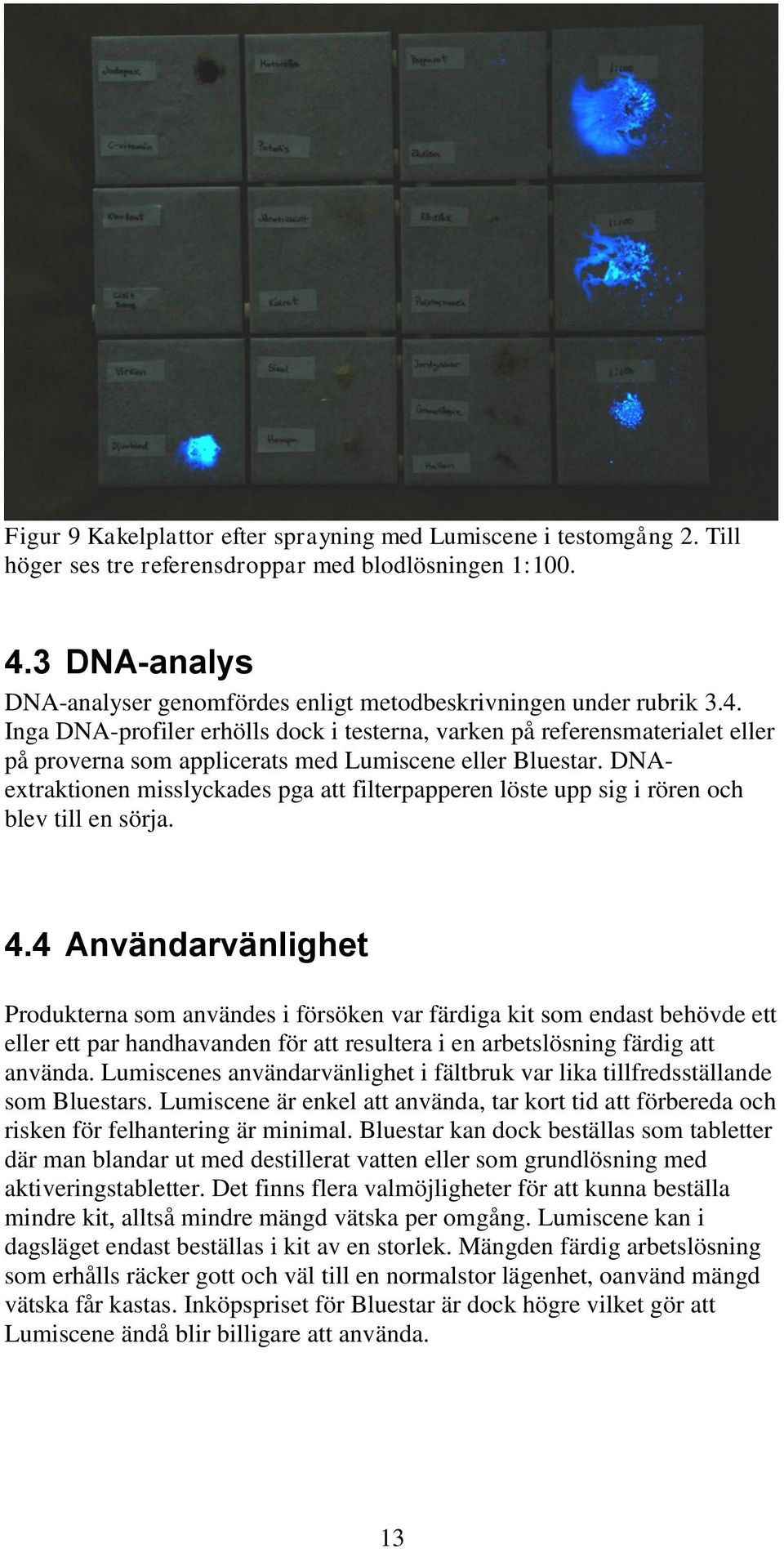 Inga DNA-profiler erhölls dock i testerna, varken på referensmaterialet eller på proverna som applicerats med Lumiscene eller Bluestar.