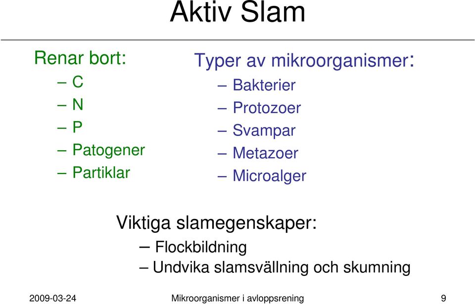 Microalger Viktiga slamegenskaper: Flockbildning Undvika