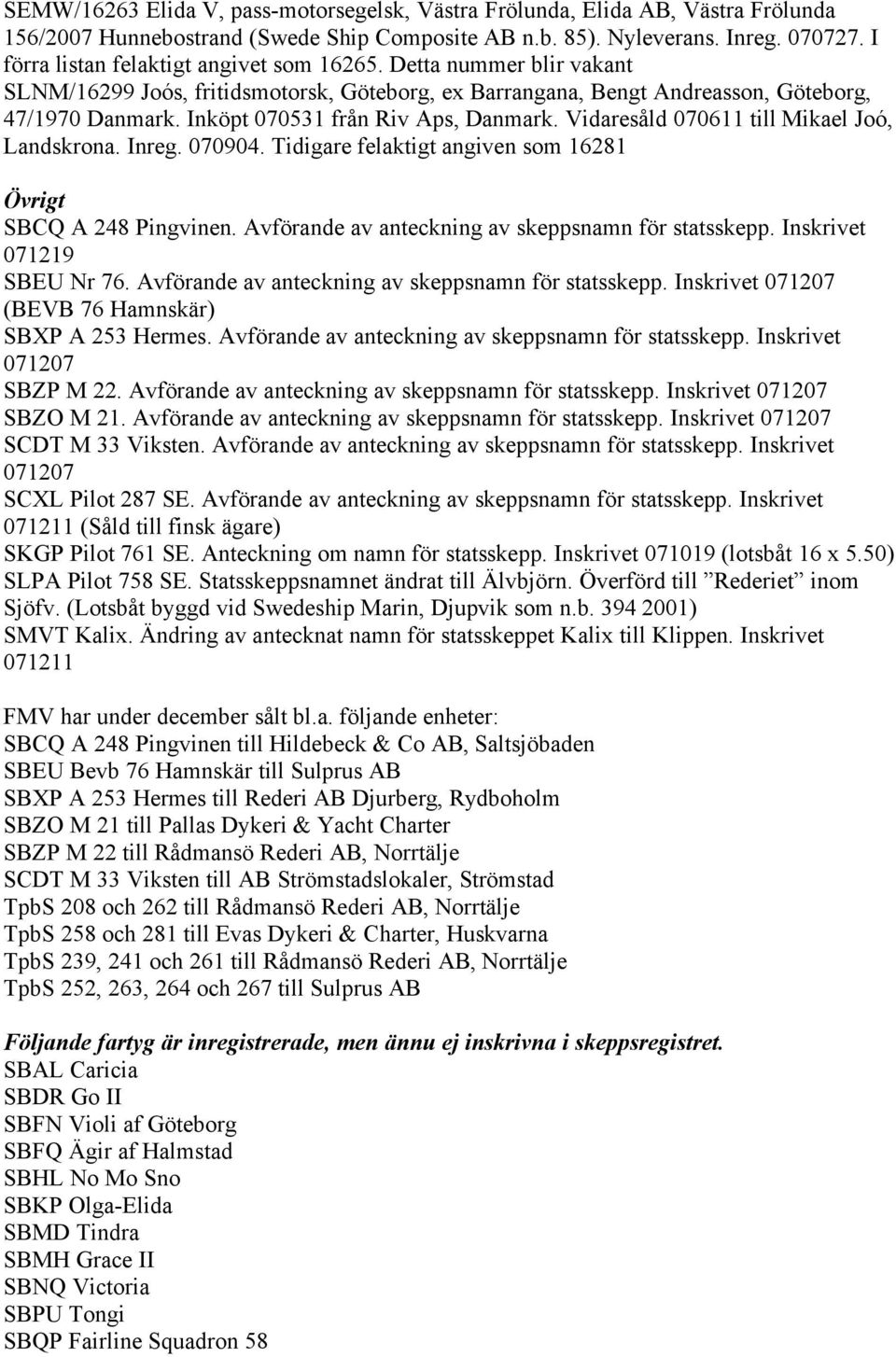 Inköpt 070531 från Riv Aps, Danmark. Vidaresåld 070611 till Mikael Joó, Landskrona. Inreg. 070904. Tidigare felaktigt angiven som 16281 Övrigt SBCQ A 248 Pingvinen.