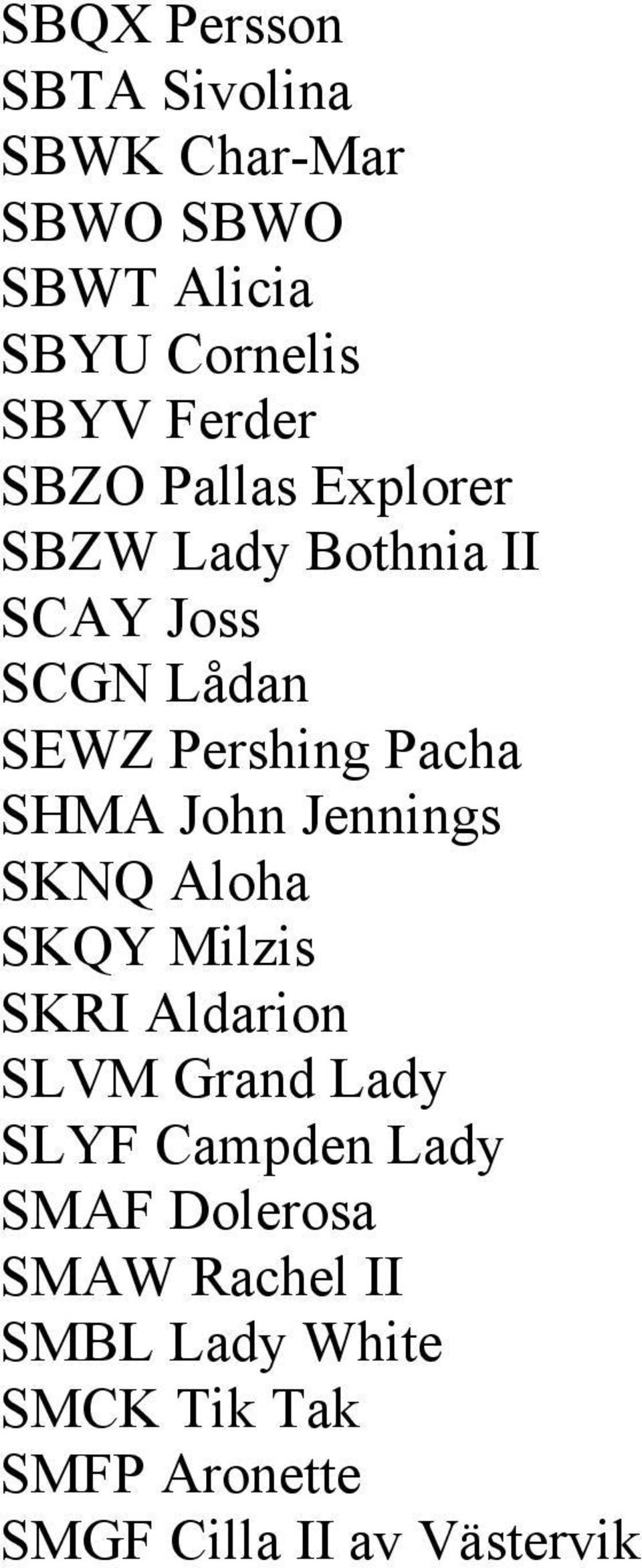 John Jennings SKNQ Aloha SKQY Milzis SKRI Aldarion SLVM Grand Lady SLYF Campden Lady SMAF