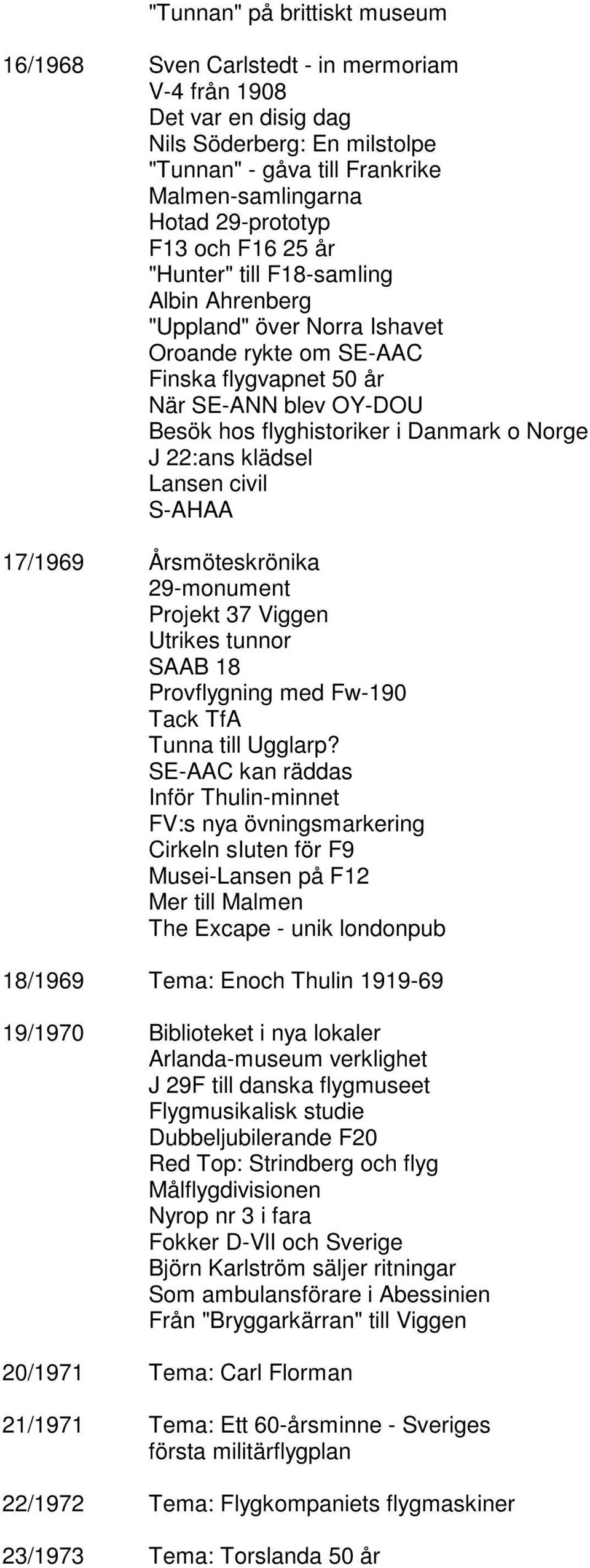 Norge J 22:ans klädsel Lansen civil S-AHAA 17/1969 Årsmöteskrönika 29-monument Projekt 37 Viggen Utrikes tunnor SAAB 18 Provflygning med Fw-190 Tack TfA Tunna till Ugglarp?