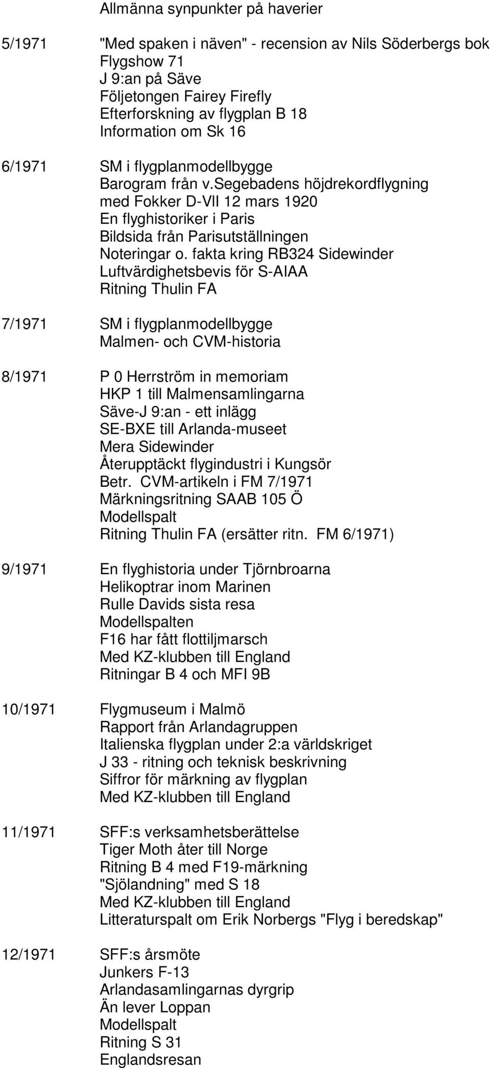 fakta kring RB324 Sidewinder Luftvärdighetsbevis för S-AIAA Ritning Thulin FA 7/1971 SM i flygplanmodellbygge Malmen- och CVM-historia 8/1971 P 0 Herrström in memoriam HKP 1 till Malmensamlingarna