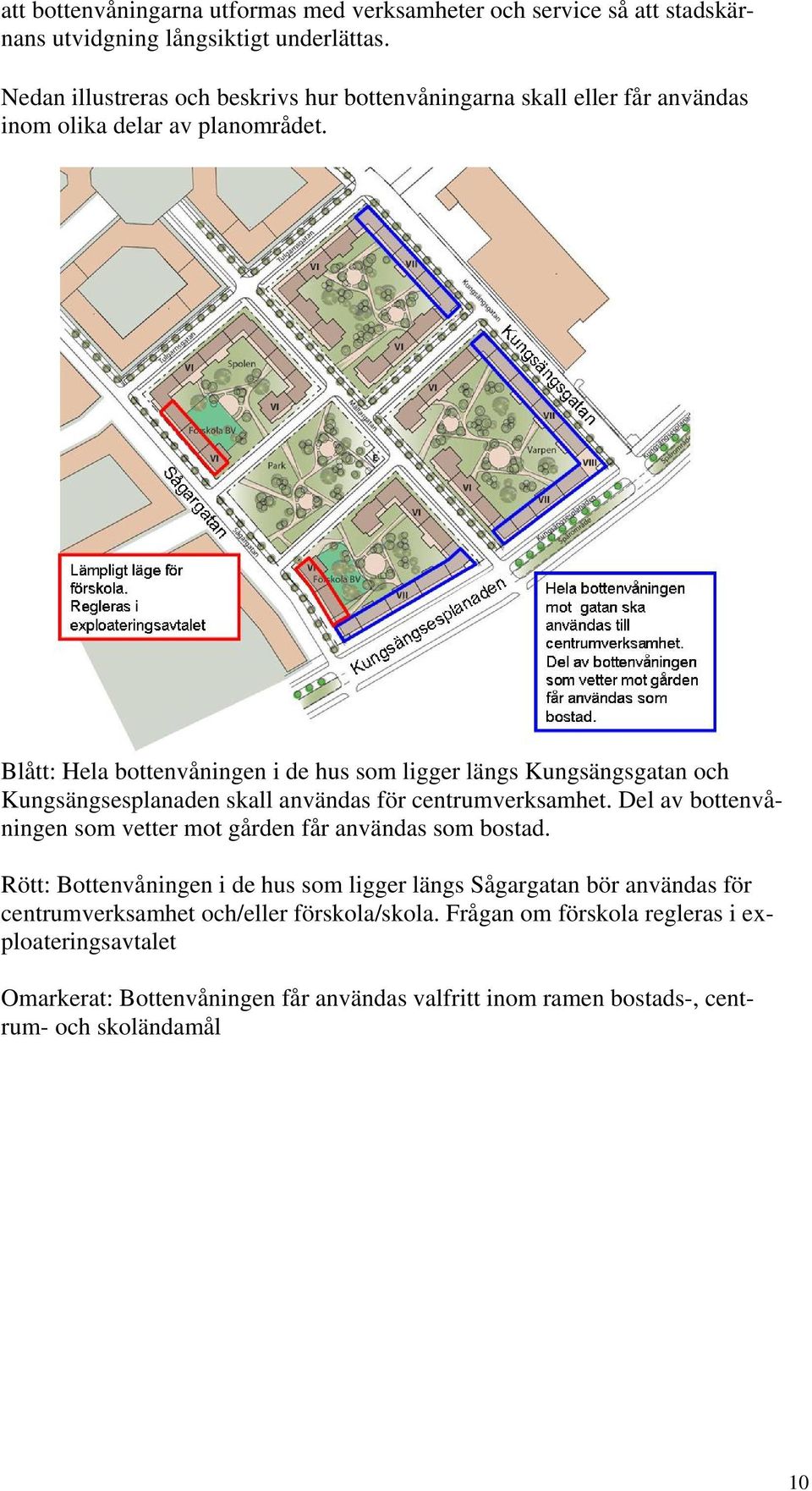 Blått: Hela bottenvåningen i de hus som ligger längs Kungsängsgatan och Kungsängsesplanaden skall användas för centrumverksamhet.