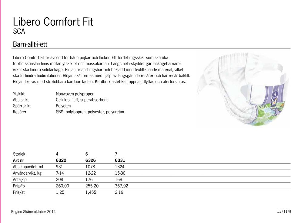 Blöjan skålformas med hjälp av längsgående resårer och har resår baktill. Blöjan fixeras med stretchbara kardborrfästen. Kardborrfästet kan öppnas, flyttas och återförslutas. Ytskikt Abs.