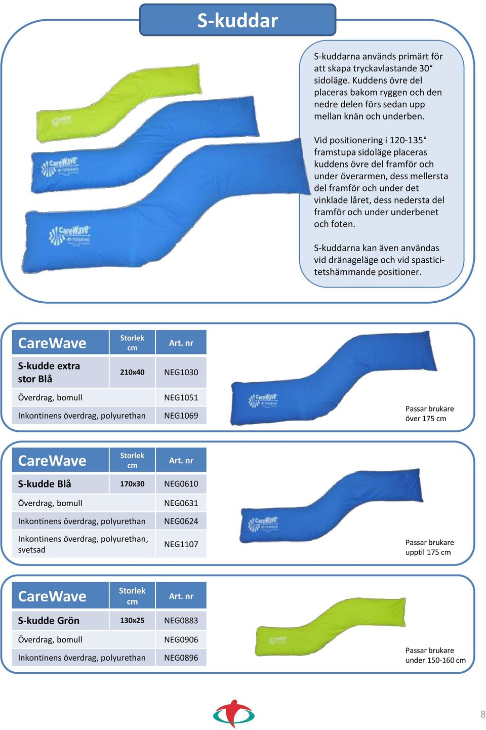 framför och under underbenet och foten. S-kuddarna kan även användas vid dränageläge och vid spasticitetshämmande positioner.