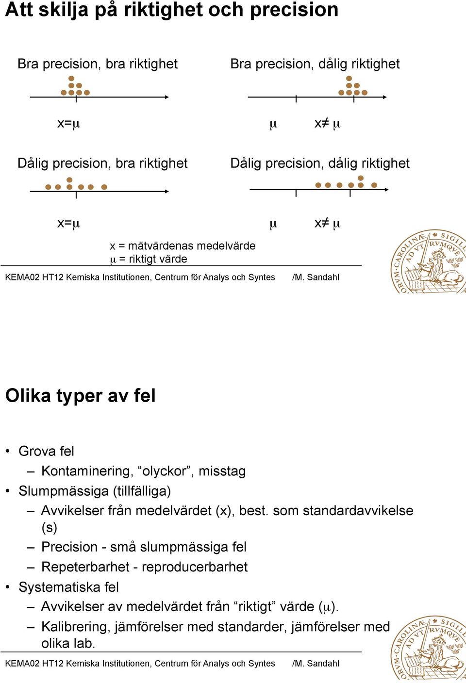 µ x = mätvärdenas medelvärde µ = riktigt värde Olika typer av fel Grova fel Kontaminering, olyckor, misstag Slumpmässiga (tillfälliga) Avvikelser