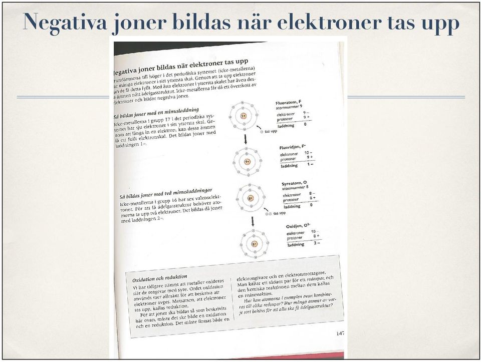 lektroner och bildar negativa joner. Så bildas joner med en minusladdning Icke-metallerfla i grupp 17 i det periodiska sys temet har sju elektroner i sitt yttersta skal.