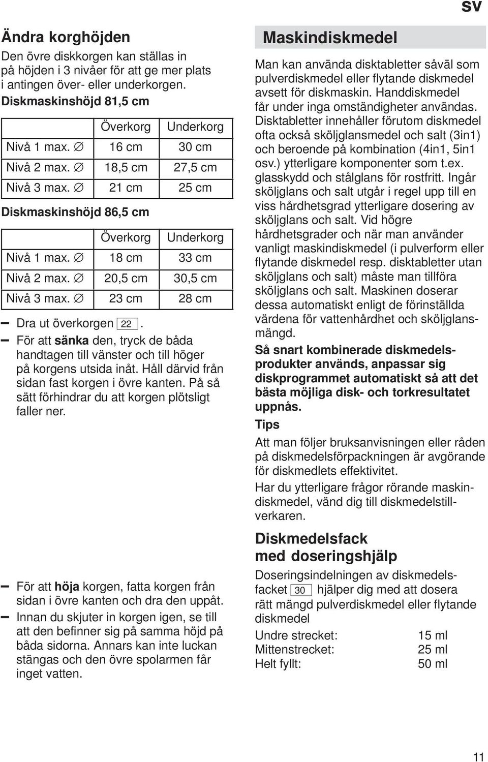 23 cm 28 cm Dra ut överkorgen 22. För att sänka den, tryck de båda handtagen till vänster och till höger på korgens utsida inåt. Håll därvid från sidan fast korgen i övre kanten.