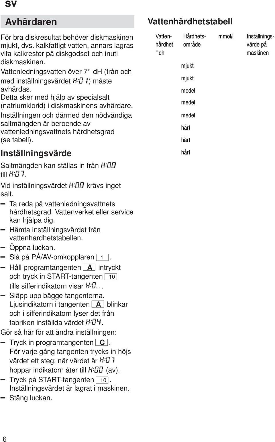 Inställningen och därmed den nödvändiga saltmängden är beroende av vattenledningsvattnets hårdhetsgrad (se tabell). Inställningsvärde Saltmängden kan ställas in från till.