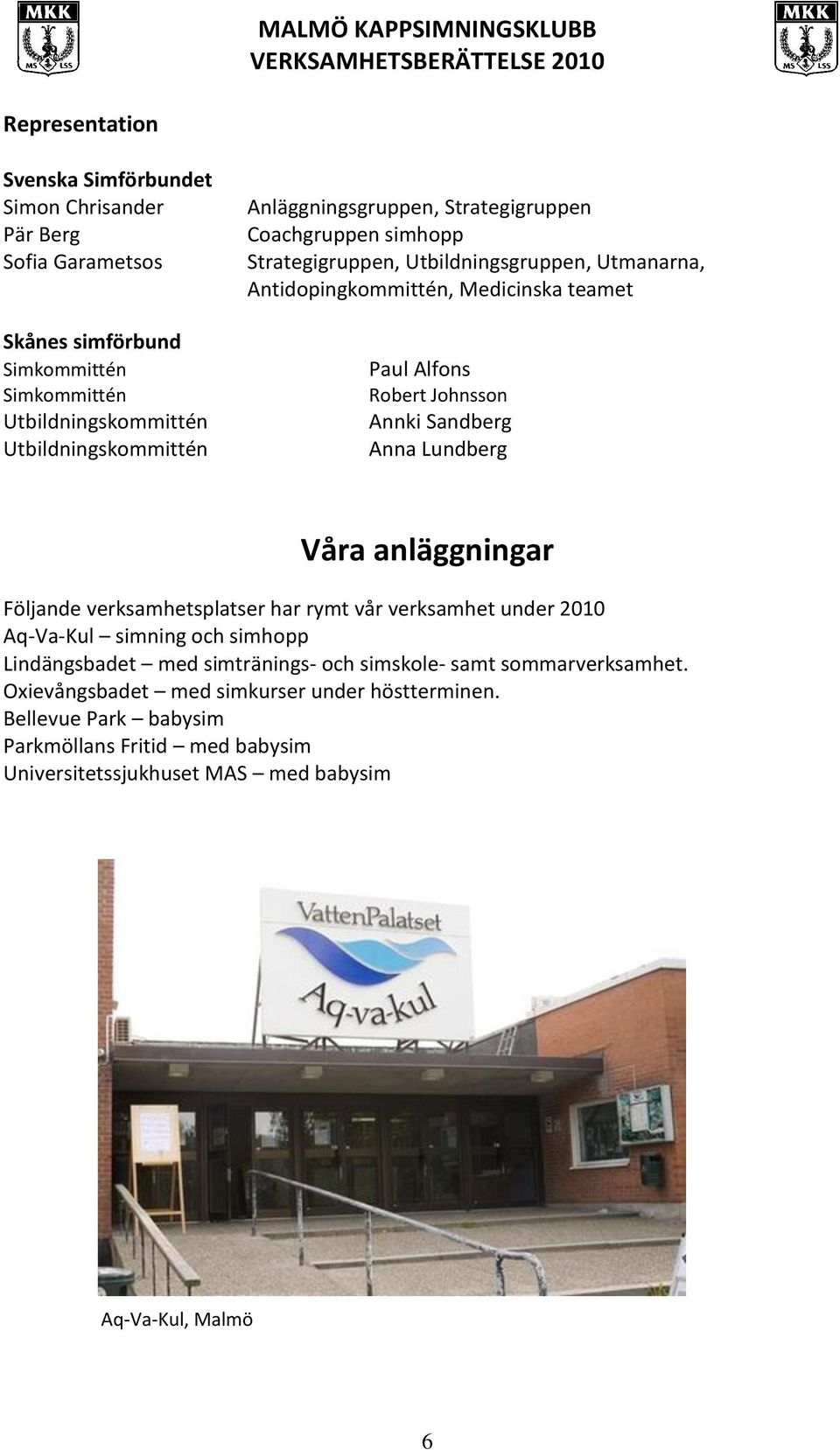 Annki Sandberg Anna Lundberg Våra anläggningar Följande verksamhetsplatser har rymt vår verksamhet under 2010 Aq-Va-Kul simning och simhopp Lindängsbadet med simtränings- och
