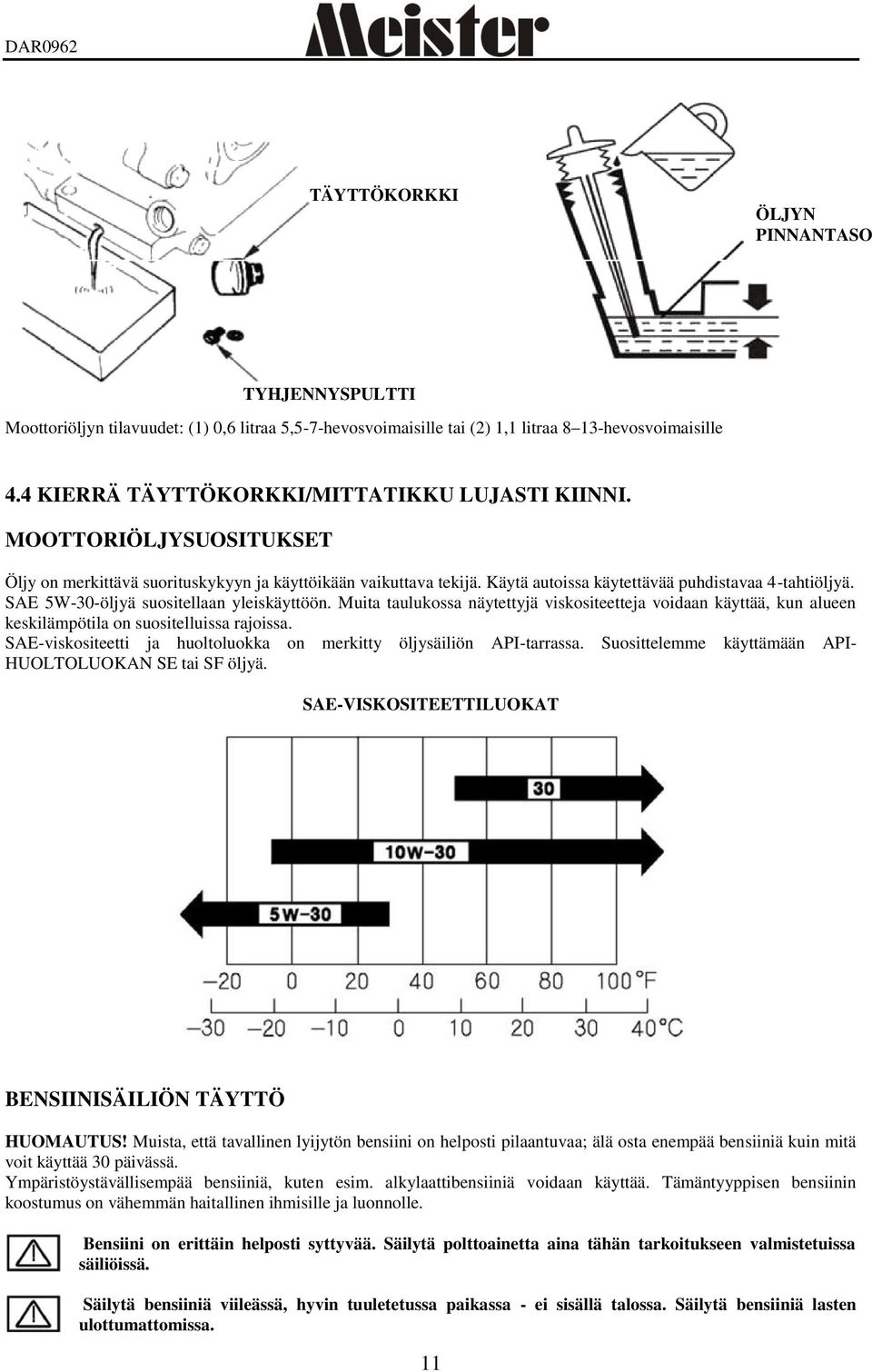 SAE 5W-30-öljyä suositellaan yleiskäyttöön. Muita taulukossa näytettyjä viskositeetteja voidaan käyttää, kun alueen keskilämpötila on suositelluissa rajoissa.