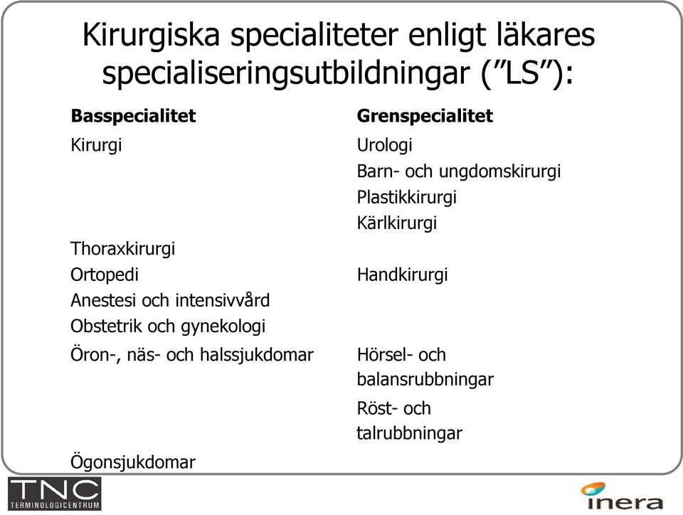 gynekologi Öron-, näs- och halssjukdomar Grenspecialitet Urologi Barn- och ungdomskirurgi