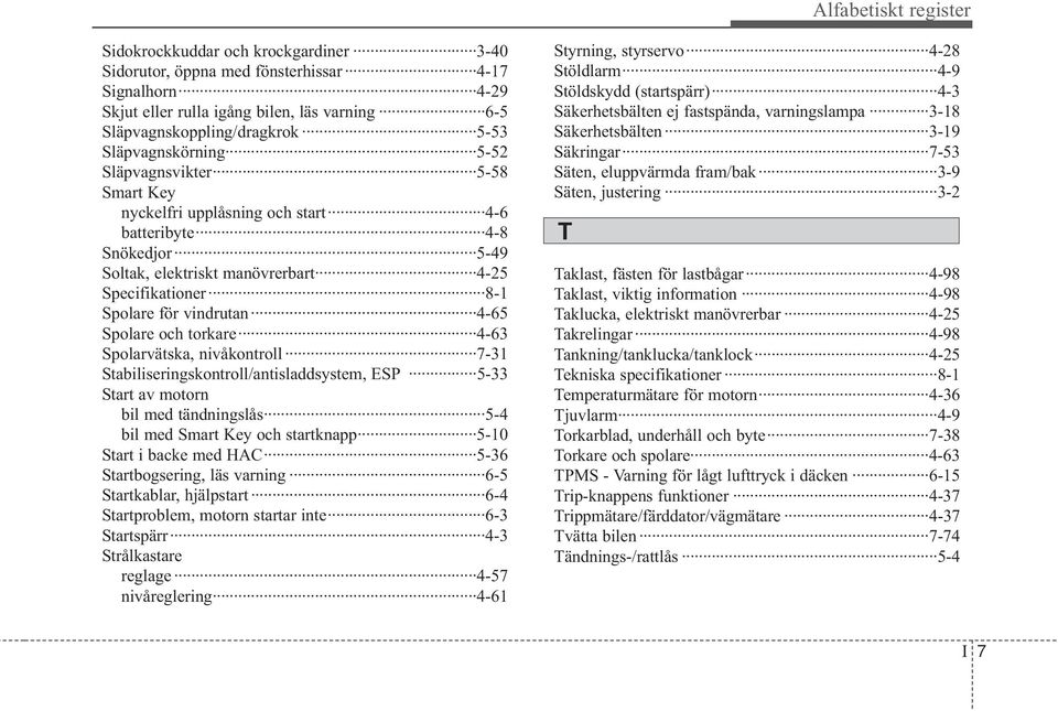 4-65 Spolare och torkare 4-63 Spolarvätska, nivåkontroll 7-31 Stabiliseringskontroll/antisladdsystem, ESP 5-33 Start av motorn bil med tändningslås 5-4 bil med Smart Key och startknapp 5-10 Start i