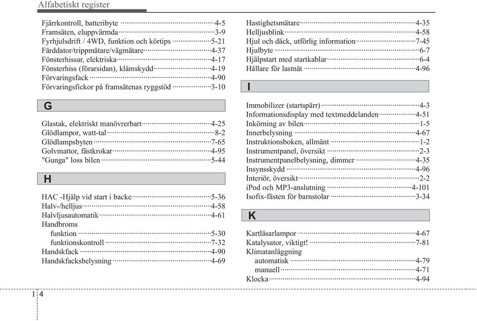 Golvmattor, fästkrokar 4-95 "Gunga" loss bilen 5-44 HAC -Hjälp vid start i backe 5-36 Halv-/helljus 4-58 Halvljusautomatik 4-61 Handbroms funktion 5-30 funktionskontroll 7-32 Handskfack 4-90