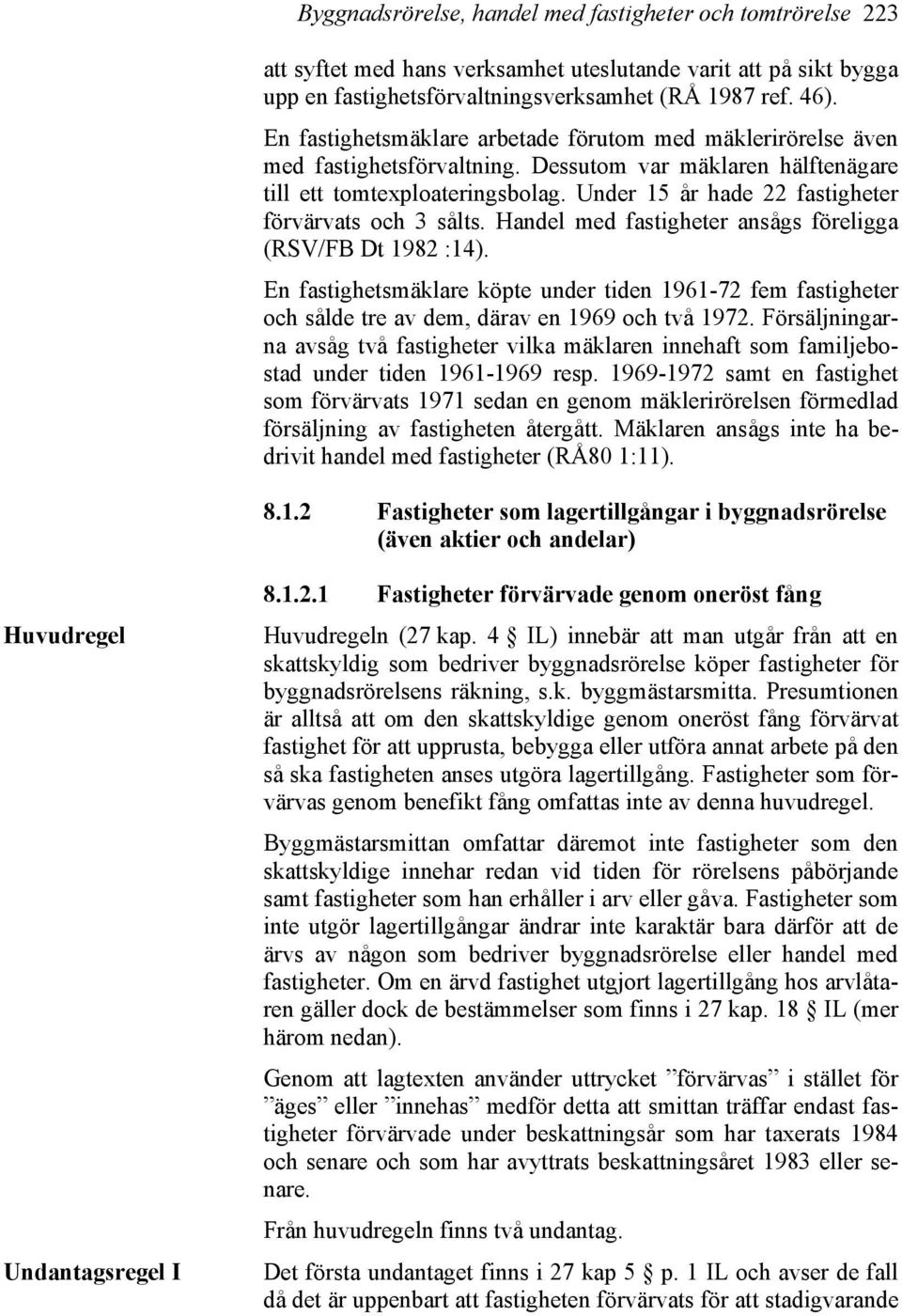 Under 15 år hade 22 fastigheter förvärvats och 3 sålts. Handel med fastigheter ansågs föreligga (RSV/FB Dt 1982 :14).