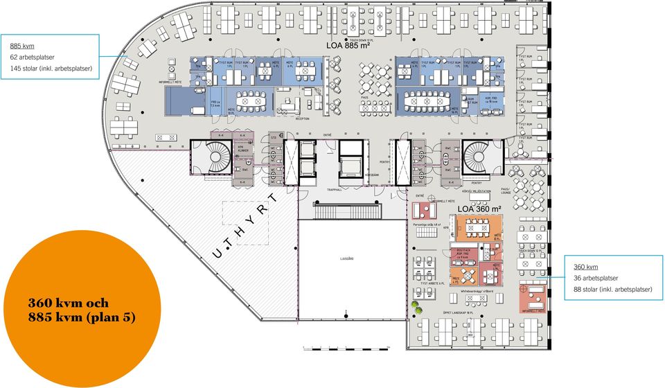 arbetsplatser) 360 kvm och 885 kvm