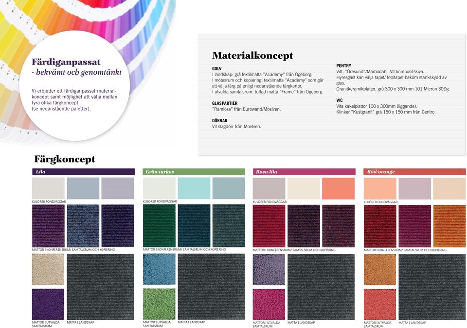 I utvalda samtalsrum: tuftad matta Frame från Ogeborg. GLASPARTIER Ramlösa från Eurowand/Moelven. PENTRY Vitt, Öresund /Marbodahl. Vit kompositskiva.