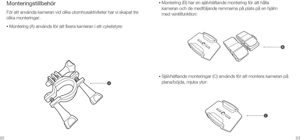 Montering (A) används för att fixera kameran i ett cykelstyre: Montering (B) har en självhäftande