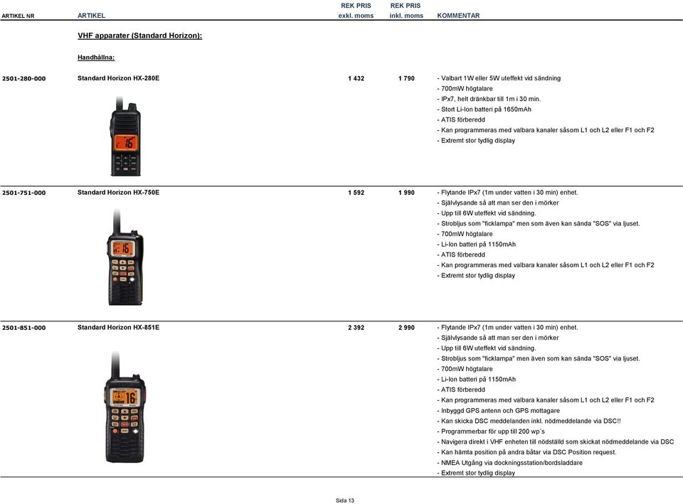 - Stort Li-Ion batteri på 1650mAh - ATIS förberedd - Kan programmeras med valbara kanaler såsom L1 och L2 eller F1 och F2 - Extremt stor tydlig display 2501-751-000 Standard Horizon HX-750E 1 592 1