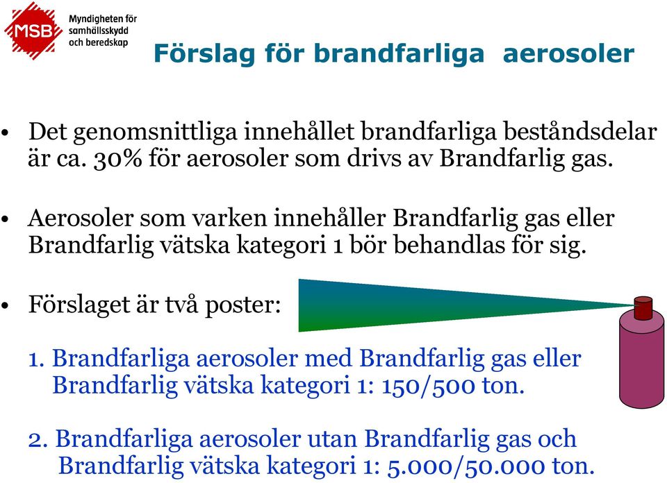 Aerosoler som varken innehåller Brandfarlig gas eller Brandfarlig vätska kategori 1 bör behandlas för sig.