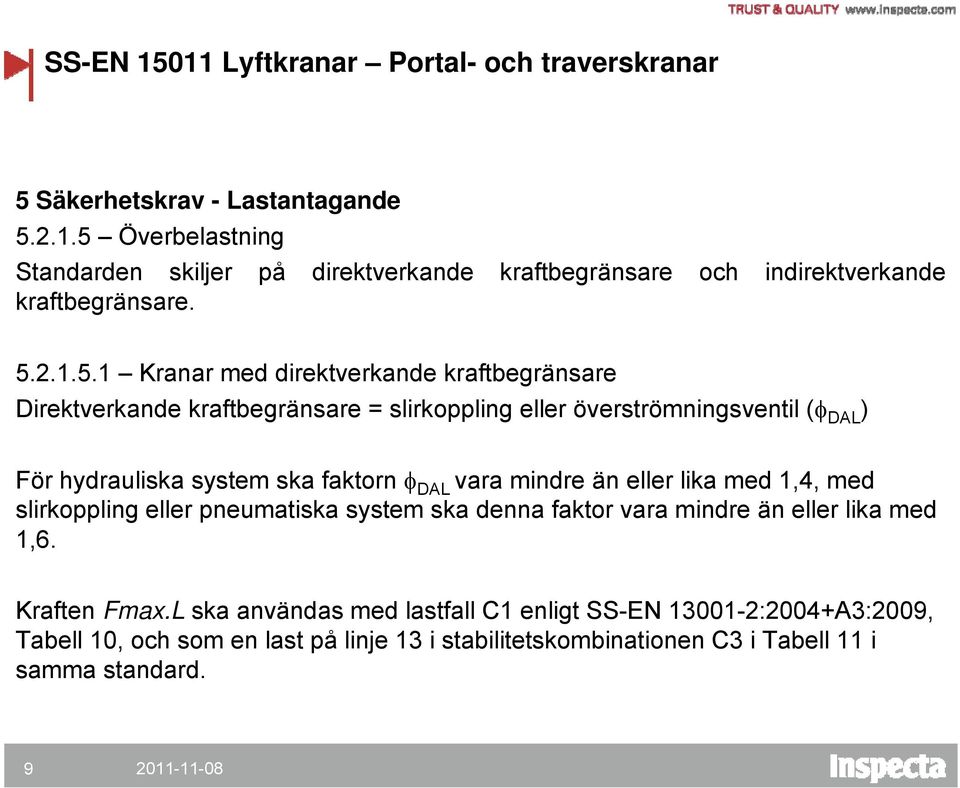 Överbelastning Standarden skiljer på direktverkande kraftbegränsare och indirektverkande kraftbegränsare. 5.