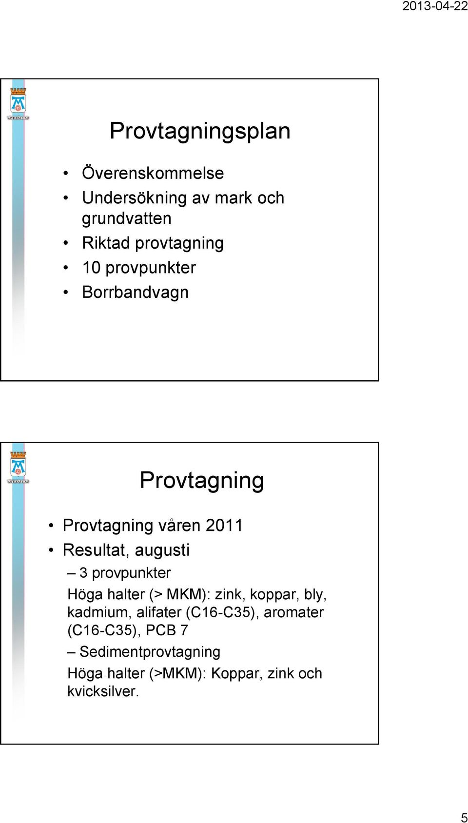 augusti 3 provpunkter Höga halter (> MKM): zink, koppar, bly, kadmium, alifater