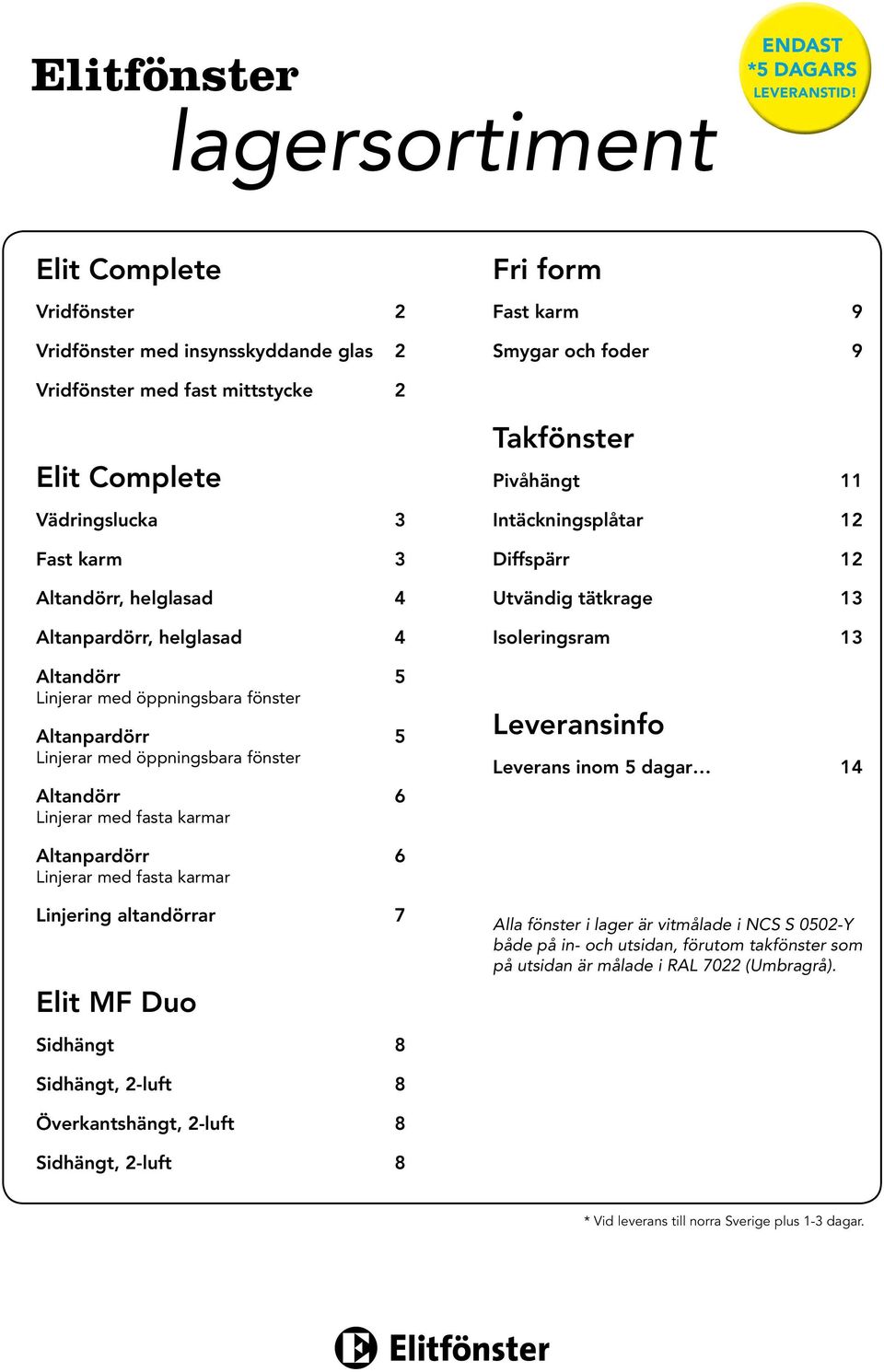 12 Utvändig tätkrage 13 Isoleringsram 13 Leveransinfo Leverans inom 5 dagar 14 Altanpardörr 6 Linjerar med fasta karmar Linjering altandörrar 7 Elit MF Duo Sidhängt 8 Alla fönster i lager är