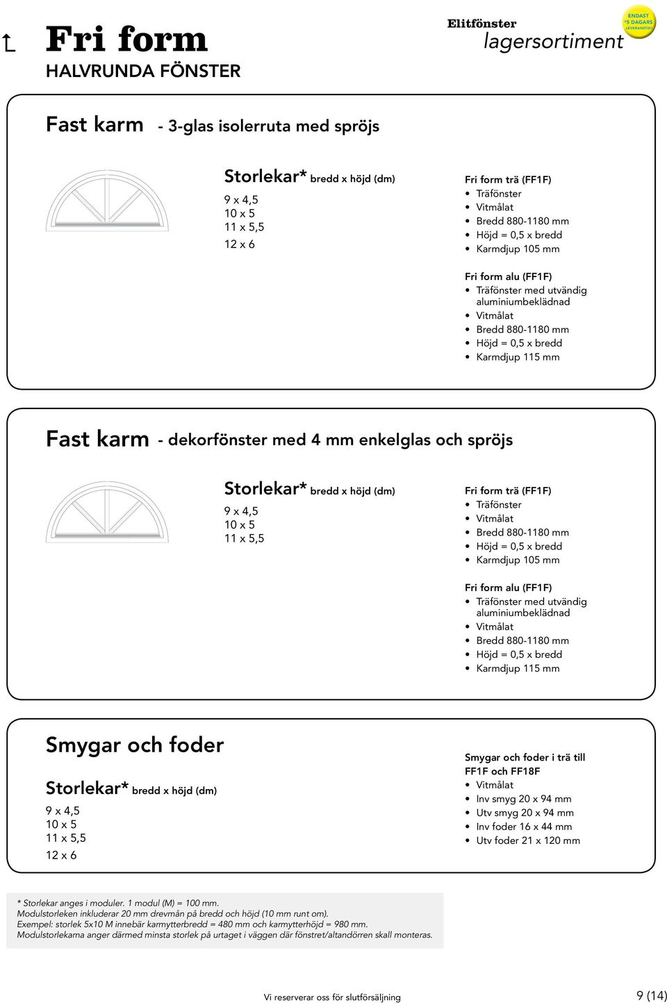 Fri form trä (FF1F) Bredd 880-1180 mm Höjd = 0,5 x bredd Karmdjup 105 mm Fri form alu (FF1F) med utvändig Bredd 880-1180 mm Höjd = 0,5 x bredd Karmdjup 115 mm Smygar