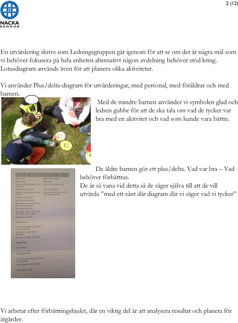 Med de mindre barnen använder vi symbolen glad och ledsen gubbe för att de ska tala om vad de tycker var bra med en aktivitet och vad som kunde vara bättre. De äldre barnen gör ett plus/delta.