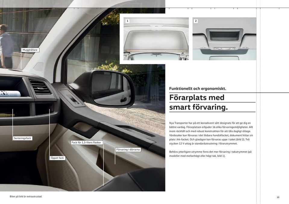 Förarplatsen erbjuder 16 olika förvaringsmöjligheter. Allt inom räckhåll och med robust konstruktion för att tåla dagligt slitage.