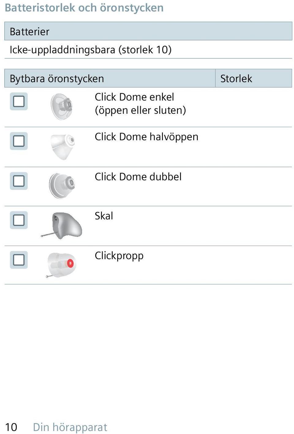 öronstycken Click Dome enkel (öppen eller sluten)