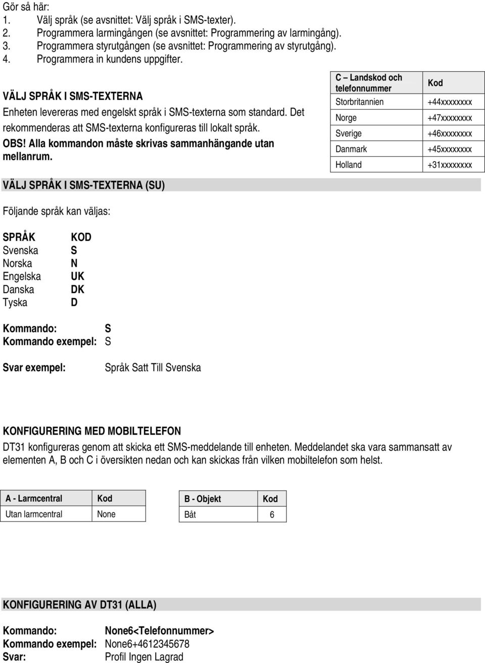 Det rekommenderas att SMS-texterna konfigureras till lokalt språk. OBS! Alla kommandon måste skrivas sammanhängande utan mellanrum.