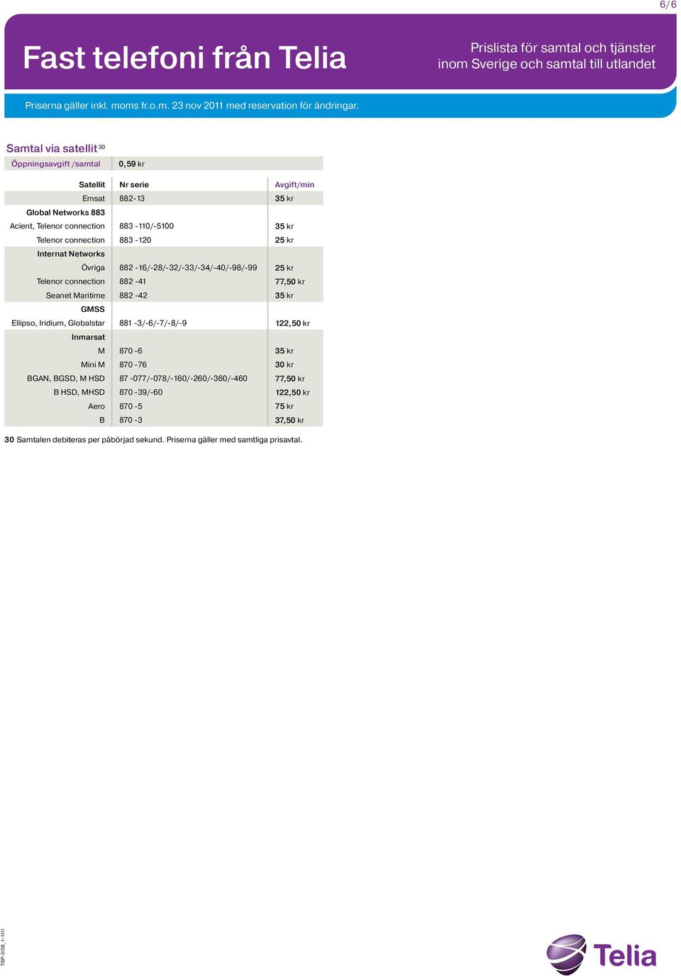 882-42 35 kr GMSS Ellipso, Iridium, Globalstar 881-3/-6/-7/-8/-9 122,5 Inmarsat M 870-6 35 kr Mini M 870-76 3 BGAN, BGSD, M HSD