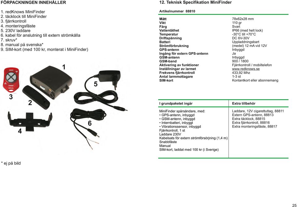 SIM-kort (med 100 kr, monterat i MiniFinder) Artikelnummer 88810 1 5 3 2 6 4 Mått Vikt Färg Vattentäthet Temperatur Driftspänning Batteri Strömförbrukning GPS-antenn Ingång för extern GPS-antenn