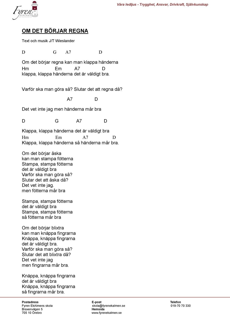 A7 D Det vet inte jag men händerna mår bra D G A7 D Klappa, klappa händerna Hm Em A7 D Klappa, klappa händerna så händerna mår bra.