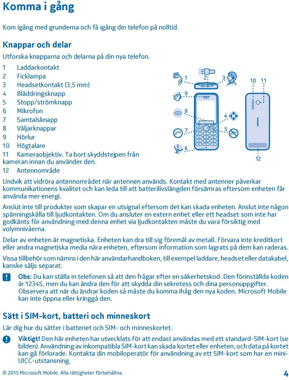 Ta bort skyddstejpen från kameran innan du använder den. 12 Antennområde Undvik att vidröra antennområdet när antennen används.