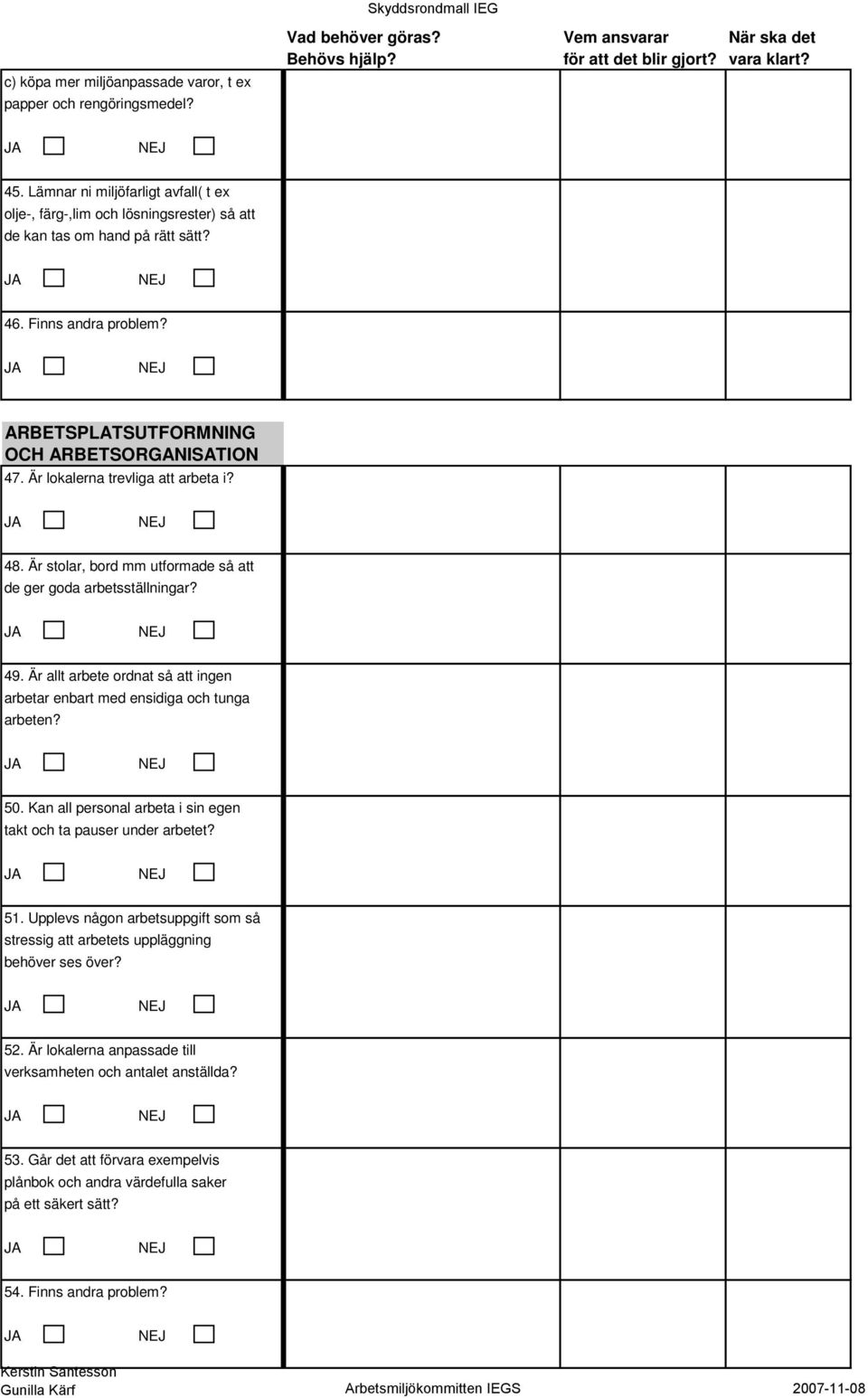 Är lokalerna trevliga att arbeta i? 48. Är stolar, bord mm utformade så att de ger goda arbetsställningar? 49. Är allt arbete ordnat så att ingen arbetar enbart med ensidiga och tunga arbeten? 50.
