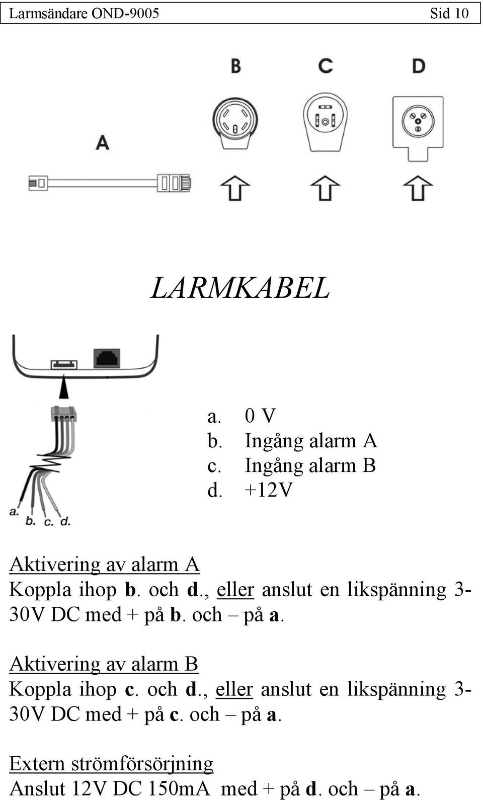 , eller anslut en likspänning 3-30V DC med + på b. och på a.