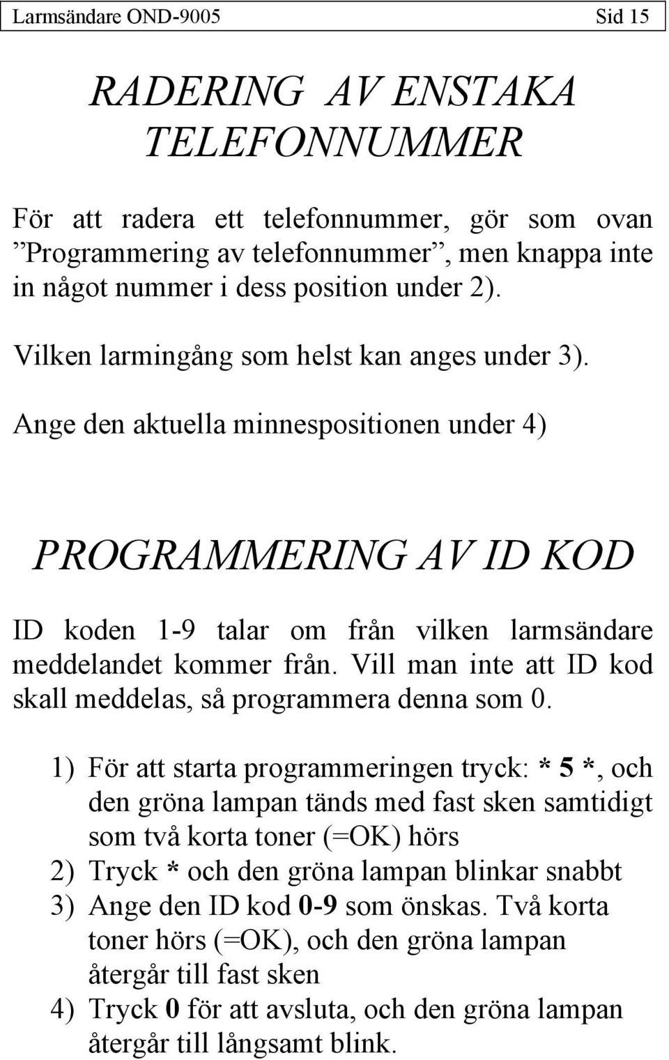 Vill man inte att ID kod skall meddelas, så programmera denna som 0.